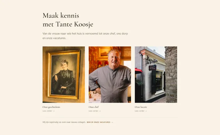 Drie kaarten: onze geschiedenis, onze chef en onze locatie
