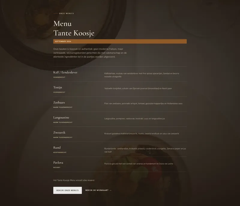 Het maandmenu van september op de homepage, wit op donkerbruin