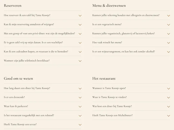De pagina met veelgestelde vragen, verdeeld over vier categorieën
